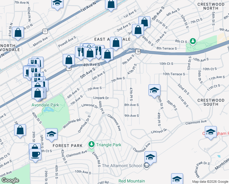 map of restaurants, bars, coffee shops, grocery stores, and more near 710 46th Street South in Birmingham