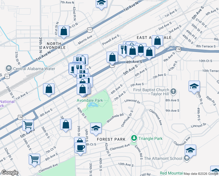 map of restaurants, bars, coffee shops, grocery stores, and more near 4253 5th Avenue South in Birmingham