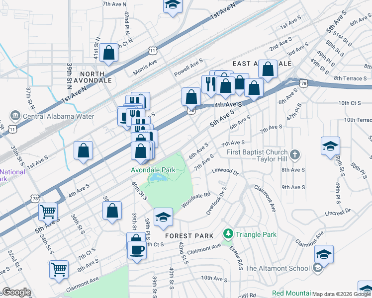map of restaurants, bars, coffee shops, grocery stores, and more near 4253 5th Avenue South in Birmingham