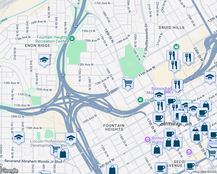 map of restaurants, bars, coffee shops, grocery stores, and more near 1120 16th Street North in Birmingham