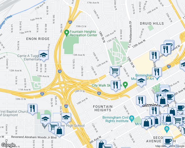 map of restaurants, bars, coffee shops, grocery stores, and more near 1413 12th Avenue North in Birmingham