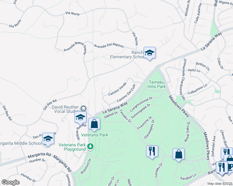 map of restaurants, bars, coffee shops, grocery stores, and more near 31071 Camino Verde in Temecula