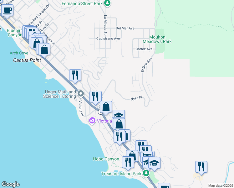 map of restaurants, bars, coffee shops, grocery stores, and more near 586 Nyes Place in Laguna Beach