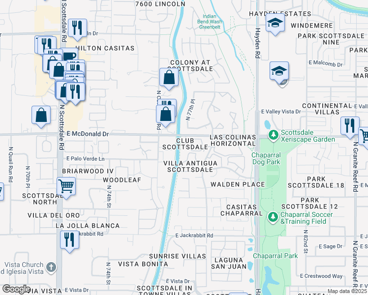 map of restaurants, bars, coffee shops, grocery stores, and more near 7675 East McDonald Drive in Scottsdale