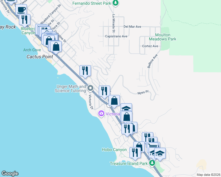 map of restaurants, bars, coffee shops, grocery stores, and more near 414 Nyes Place in Laguna Beach