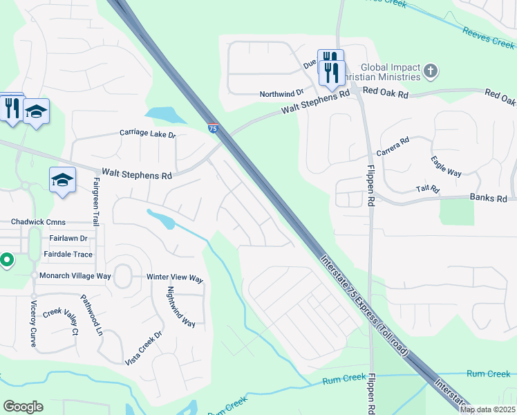 map of restaurants, bars, coffee shops, grocery stores, and more near 1457 Buckingham Place in Stockbridge