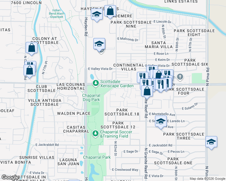 map of restaurants, bars, coffee shops, grocery stores, and more near 3 North 82nd Street in Scottsdale