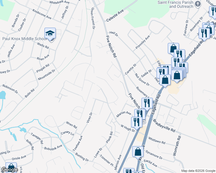 map of restaurants, bars, coffee shops, grocery stores, and more near 535 Dove Street in North Augusta