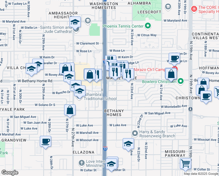 map of restaurants, bars, coffee shops, grocery stores, and more near 2417 West Bethany Home Road in Phoenix