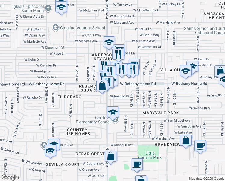 map of restaurants, bars, coffee shops, grocery stores, and more near in Phoenix