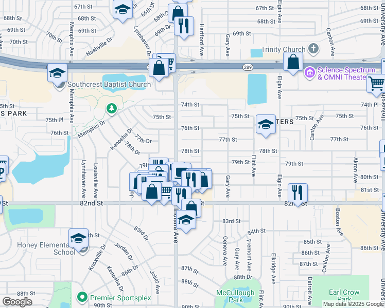 map of restaurants, bars, coffee shops, grocery stores, and more near 3304 78th Street in Lubbock