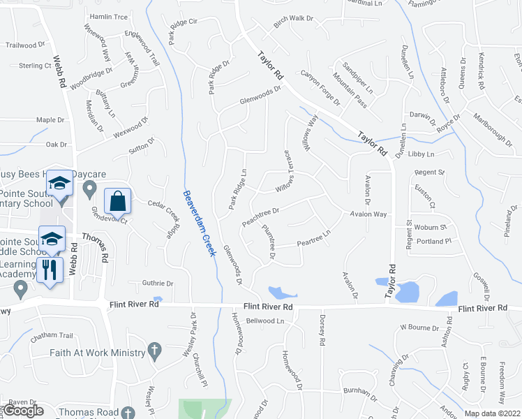 map of restaurants, bars, coffee shops, grocery stores, and more near 253 Peachtree Drive in Riverdale