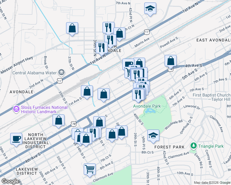 map of restaurants, bars, coffee shops, grocery stores, and more near 3917 2nd Avenue South in Birmingham