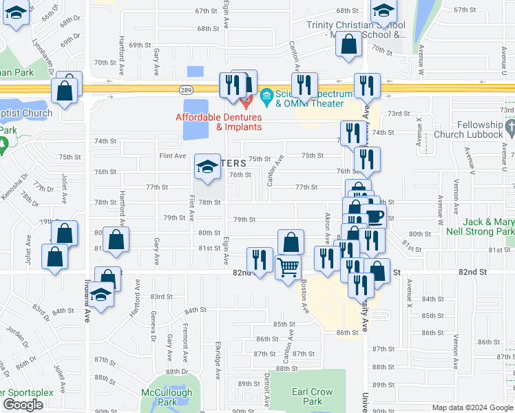 map of restaurants, bars, coffee shops, grocery stores, and more near 2807 78th Street in Lubbock