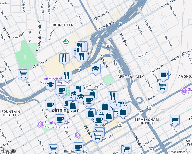 map of restaurants, bars, coffee shops, grocery stores, and more near 2316 7th Avenue North in Birmingham