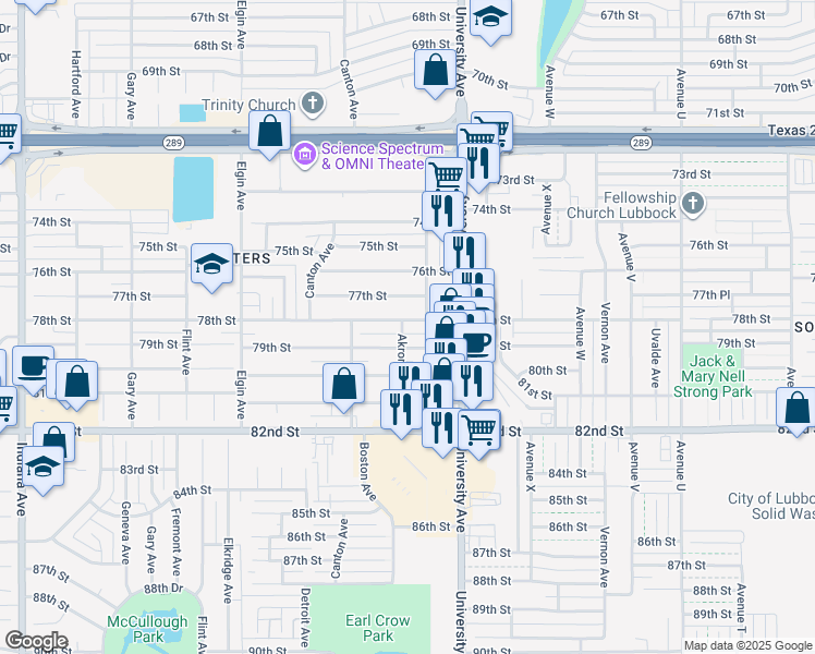 map of restaurants, bars, coffee shops, grocery stores, and more near 2517 78th Street in Lubbock