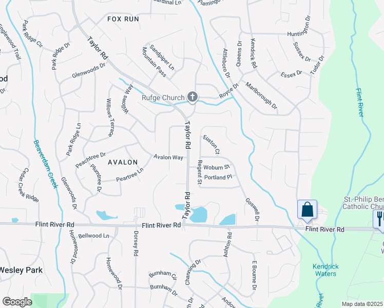 map of restaurants, bars, coffee shops, grocery stores, and more near 8490 Taylor Road in Riverdale