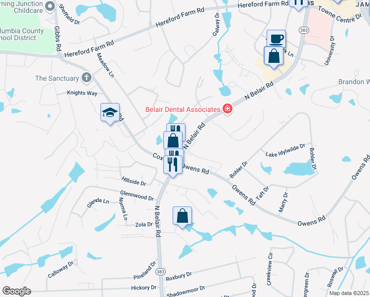 map of restaurants, bars, coffee shops, grocery stores, and more near Georgia 383 in Evans