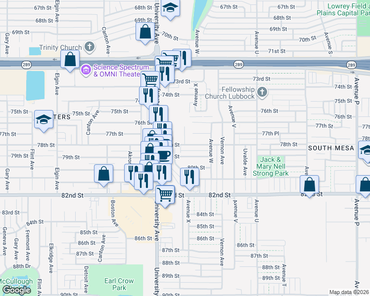 map of restaurants, bars, coffee shops, grocery stores, and more near 2320 78th Street in Lubbock