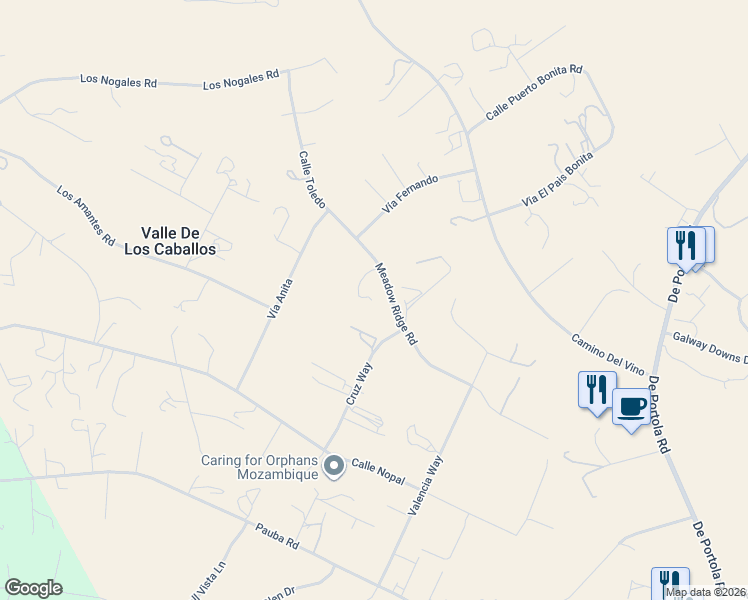 map of restaurants, bars, coffee shops, grocery stores, and more near 35800 Meadow Ridge Road in Temecula