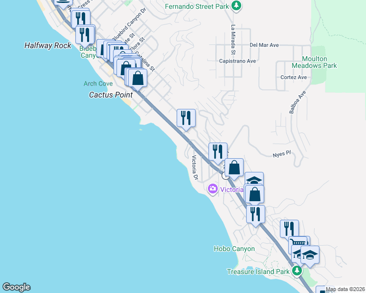 map of restaurants, bars, coffee shops, grocery stores, and more near in Laguna Beach