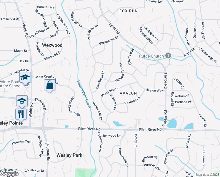 map of restaurants, bars, coffee shops, grocery stores, and more near 253 Peachtree Drive in Riverdale