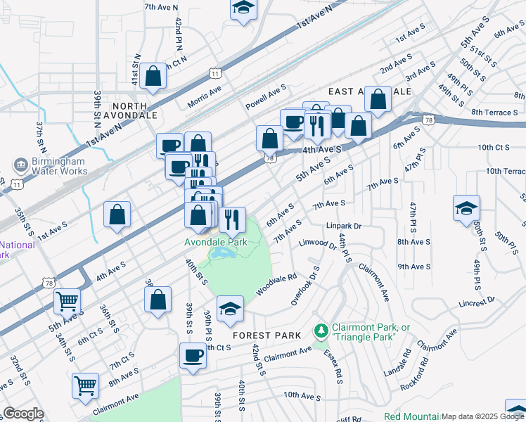 map of restaurants, bars, coffee shops, grocery stores, and more near 4253 5th Avenue South in Birmingham