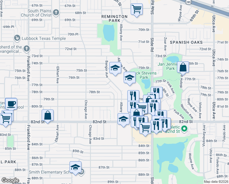 map of restaurants, bars, coffee shops, grocery stores, and more near 5412 78th Street in Lubbock