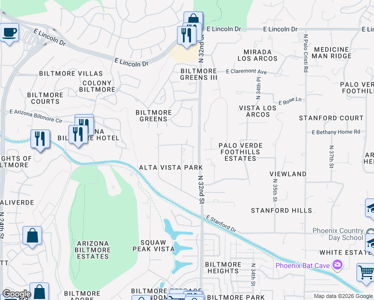 map of restaurants, bars, coffee shops, grocery stores, and more near 5817 North Canyon Drive in Phoenix