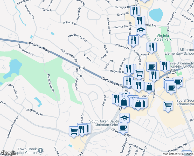 map of restaurants, bars, coffee shops, grocery stores, and more near 52 Bluff Pointe Way in Aiken