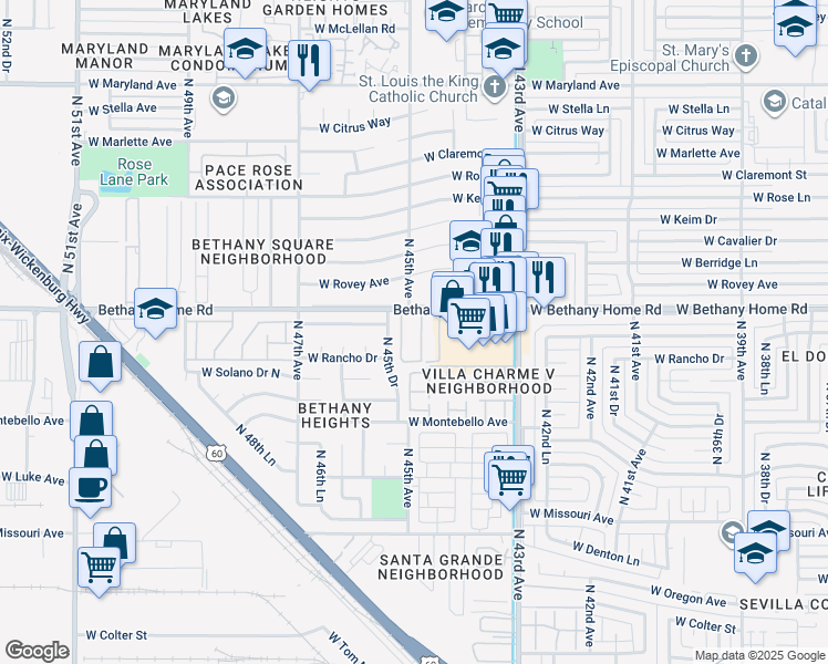 map of restaurants, bars, coffee shops, grocery stores, and more near 4441 West Bethany Home Road in Glendale
