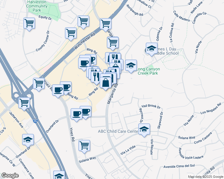 map of restaurants, bars, coffee shops, grocery stores, and more near 41557 Margarita Road in Temecula