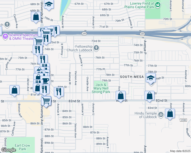 map of restaurants, bars, coffee shops, grocery stores, and more near 2102 78th Street in Lubbock