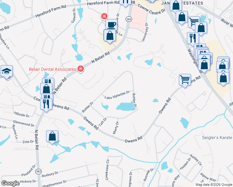 map of restaurants, bars, coffee shops, grocery stores, and more near 4377 Lake Idylwilde Drive in Evans