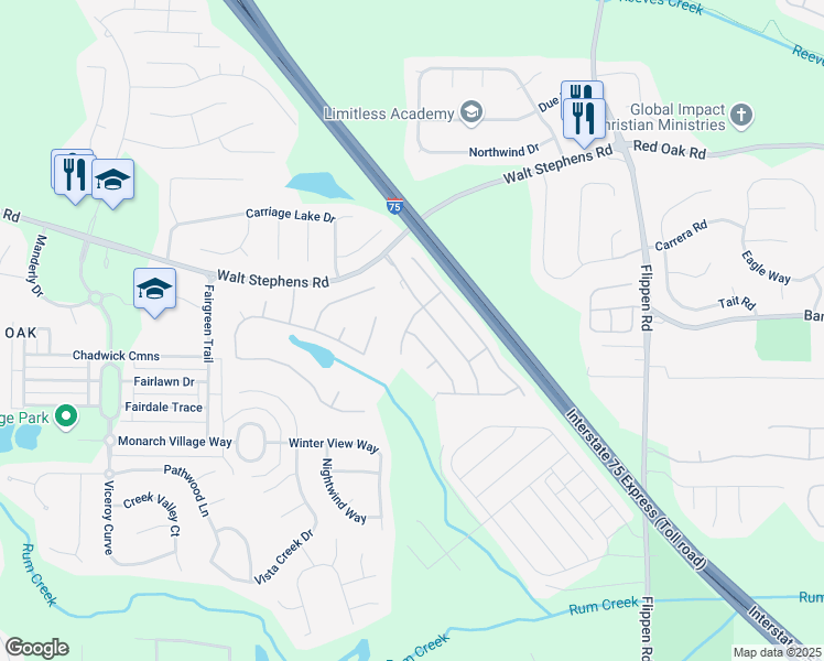 map of restaurants, bars, coffee shops, grocery stores, and more near 1001 Borrington Lane in Stockbridge