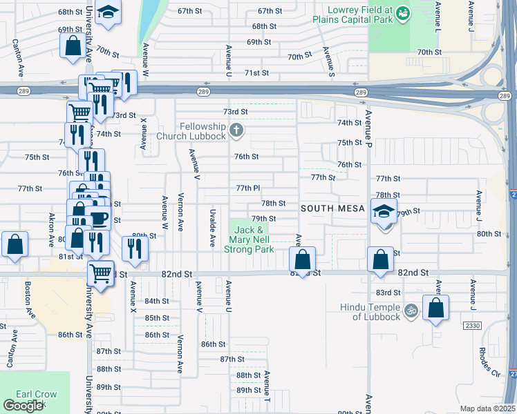 map of restaurants, bars, coffee shops, grocery stores, and more near 1929 78th Street in Lubbock