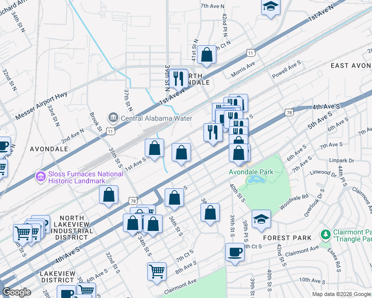 map of restaurants, bars, coffee shops, grocery stores, and more near 112 39th Street South in Birmingham