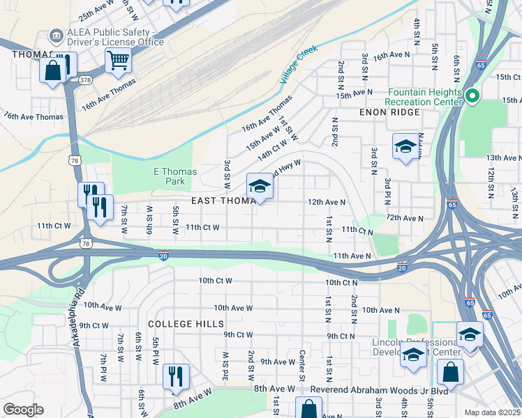 map of restaurants, bars, coffee shops, grocery stores, and more near 116 11th Court West in Birmingham
