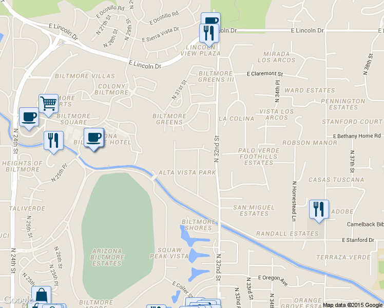map of restaurants, bars, coffee shops, grocery stores, and more near 5834 North Canyon Drive in Phoenix