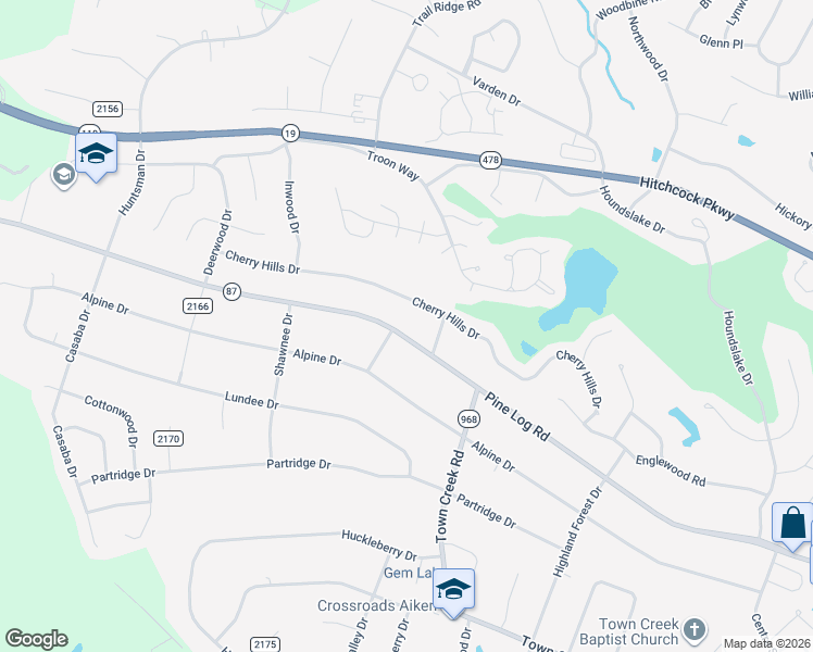 map of restaurants, bars, coffee shops, grocery stores, and more near 105 Cherry Hills Drive in Aiken
