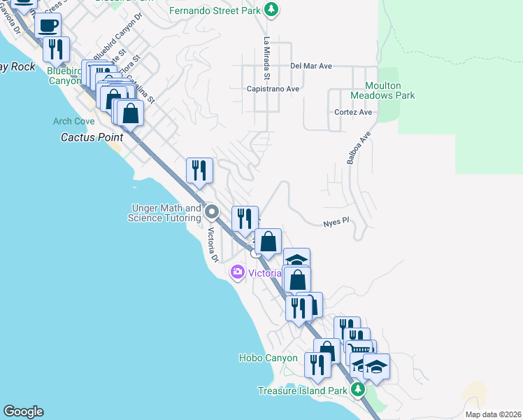 map of restaurants, bars, coffee shops, grocery stores, and more near 414 Nyes Place in Laguna Beach