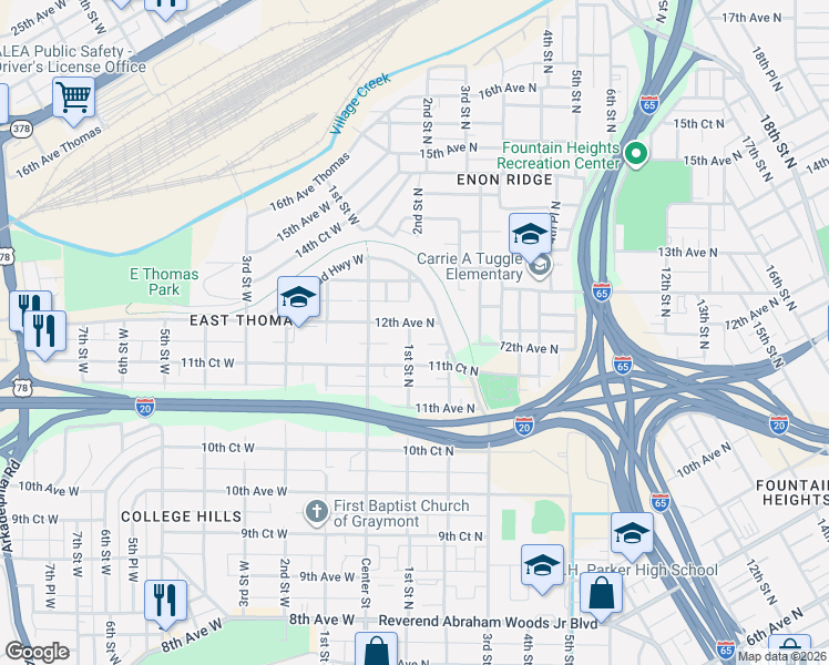 map of restaurants, bars, coffee shops, grocery stores, and more near 21 12th Avenue North in Birmingham