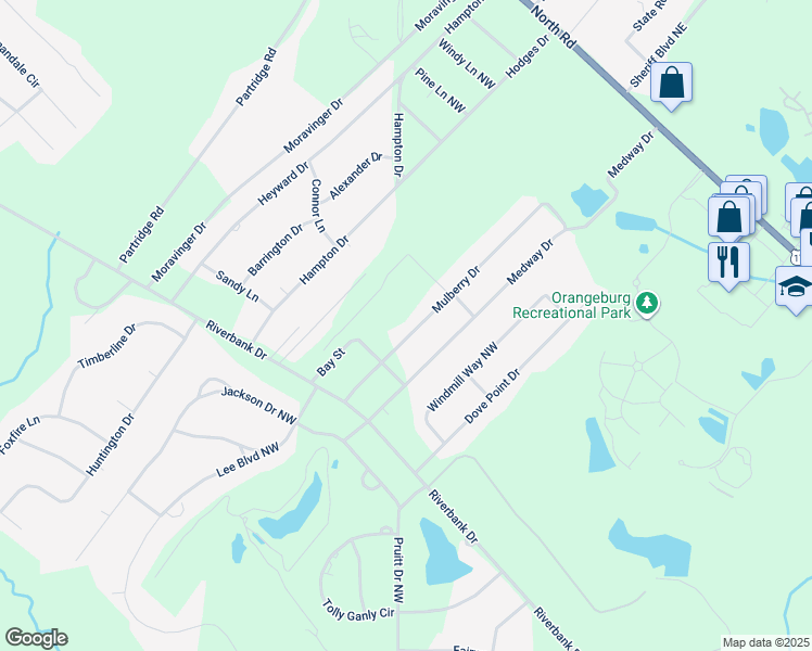 map of restaurants, bars, coffee shops, grocery stores, and more near 738 Mulberry Drive in Orangeburg
