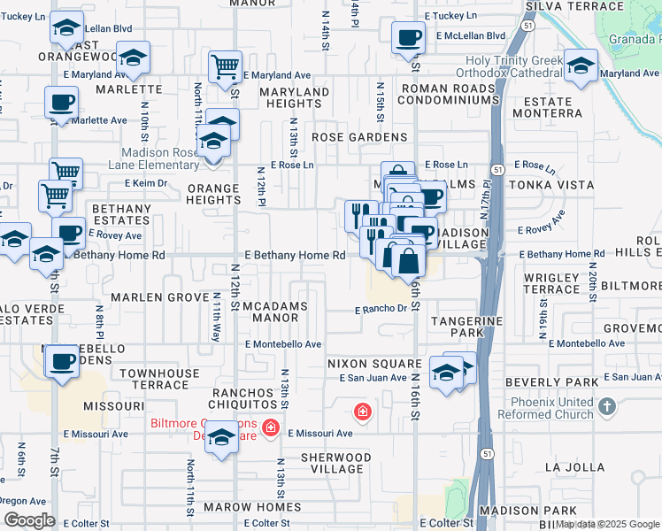 map of restaurants, bars, coffee shops, grocery stores, and more near 1415 East Bethany Home Road in Phoenix