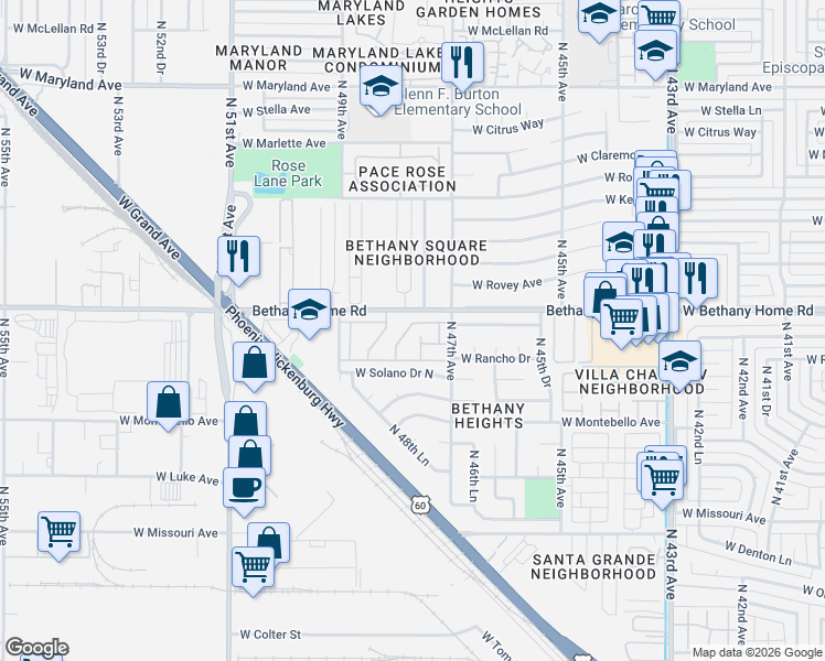 map of restaurants, bars, coffee shops, grocery stores, and more near 4759 West Palo Verde Drive in Glendale