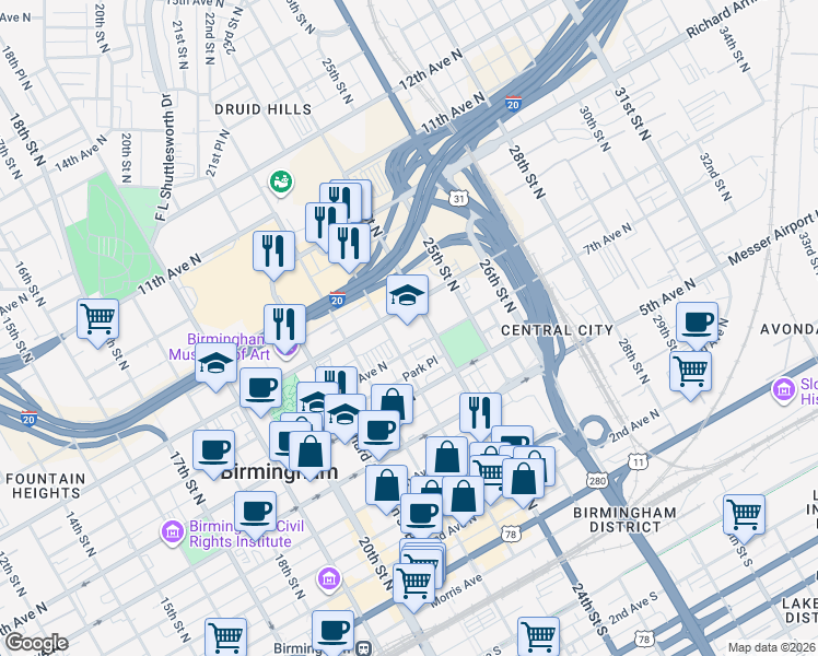 map of restaurants, bars, coffee shops, grocery stores, and more near 2316 7th Avenue North in Birmingham