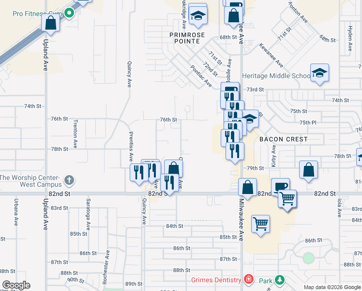 map of restaurants, bars, coffee shops, grocery stores, and more near 7817 Oakridge Avenue in Lubbock