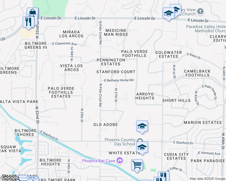 map of restaurants, bars, coffee shops, grocery stores, and more near 5820 North 37th Street in Paradise Valley
