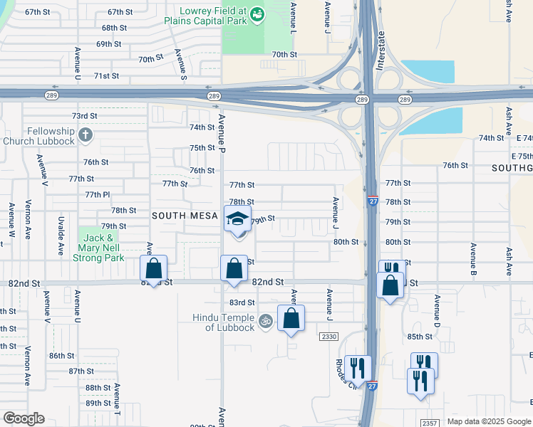 map of restaurants, bars, coffee shops, grocery stores, and more near 1407 78th Street in Lubbock