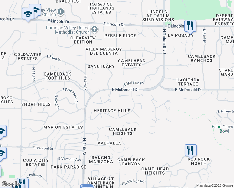 map of restaurants, bars, coffee shops, grocery stores, and more near 4514-4528 East McDonald Drive in Paradise Valley